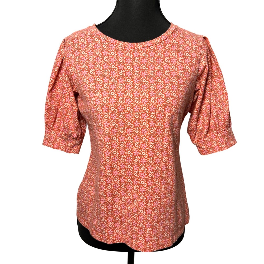 Ann Taylor Demure Cottagecore Floral Puff Sleeve 100% Cotton Top XS Coral Pink